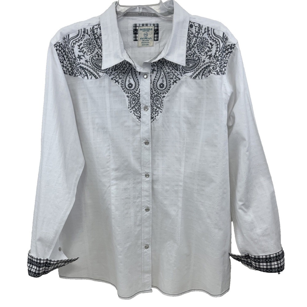 Panhandle Rough Stock Women's Shirt XXL Western Pearl Snap Blue Embroidery Cuff